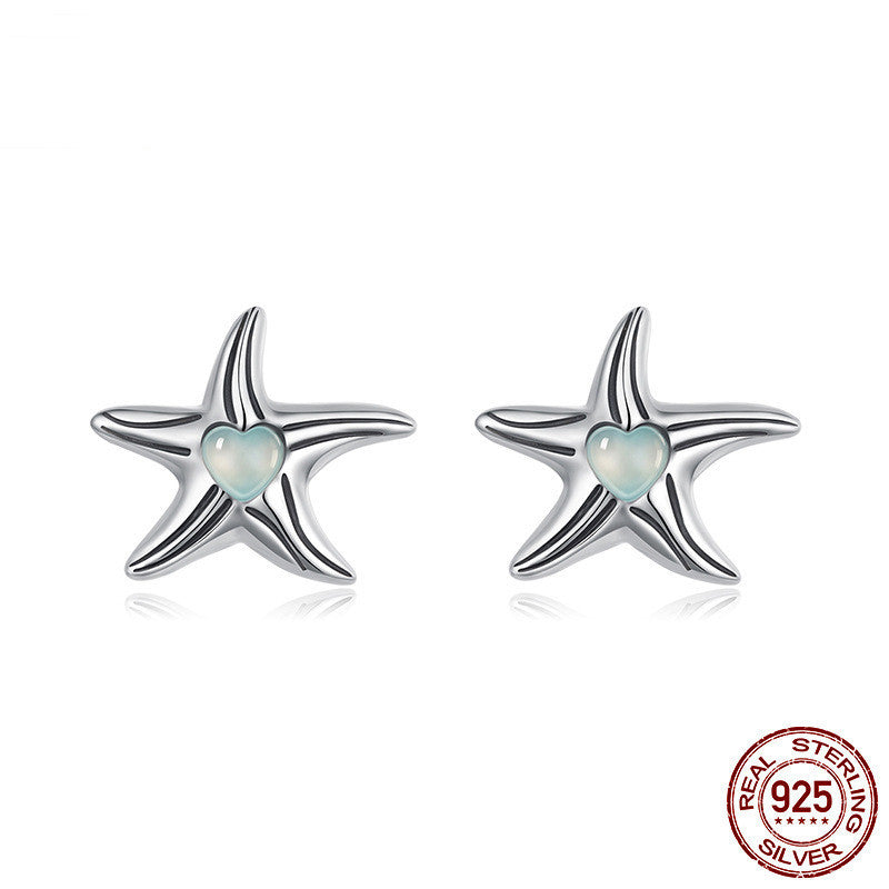925 Sterling Silver Magic Stone Inlaid Starfish Stud Earrings