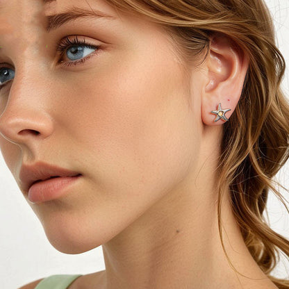 925 Sterling Silver Magic Stone Inlaid Starfish Stud Earrings