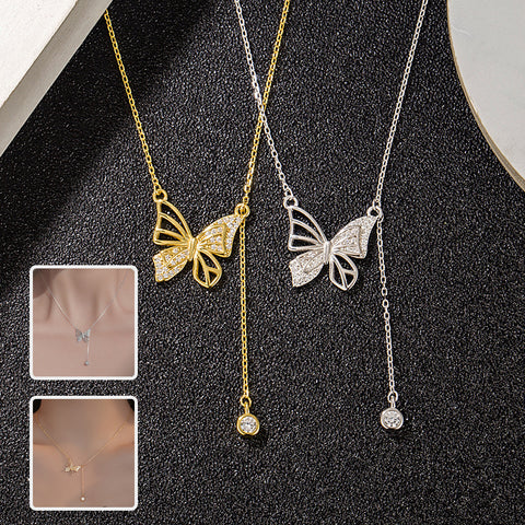 925 Sterling Silver Necklace with Butterfly Pendant & Diamond Tassel 01