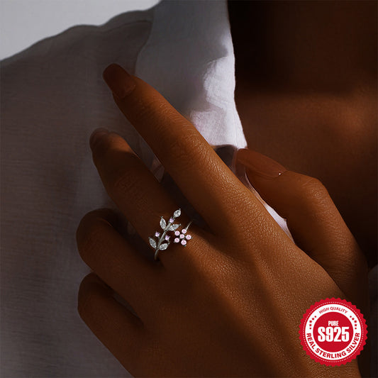 925 Sterling Silver Leaves Floral Creative Opening Ring