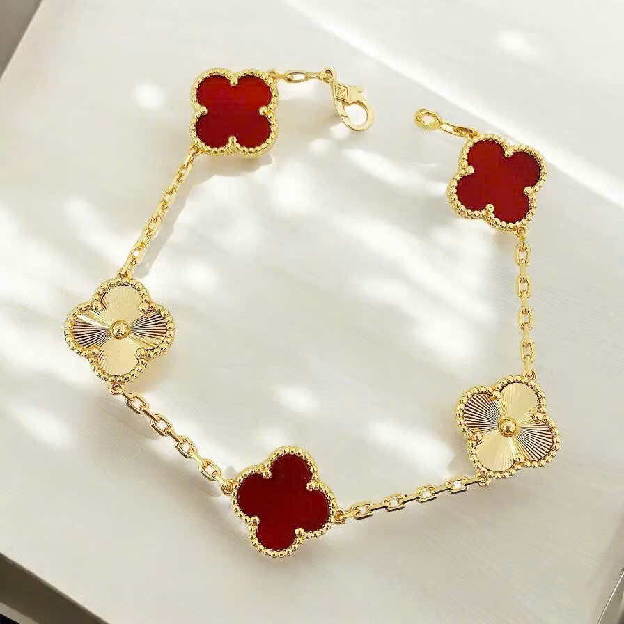 Red Four-Leaf Clover Bracelet – Stone Clover, Rose Gold Vermeil, 925 Sterling Silver, Engraved Clover Charms