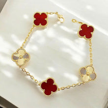 Red Four-Leaf Clover Bracelet – Stone Clover, Rose Gold Vermeil, 925 Sterling Silver, Engraved Clover Charms
