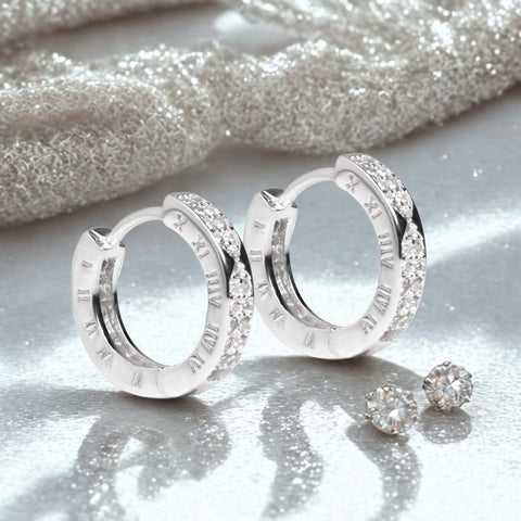 S925 Silver Hoop Earrings Unisex – Roman Numeral Design with Sparkling Stones 01