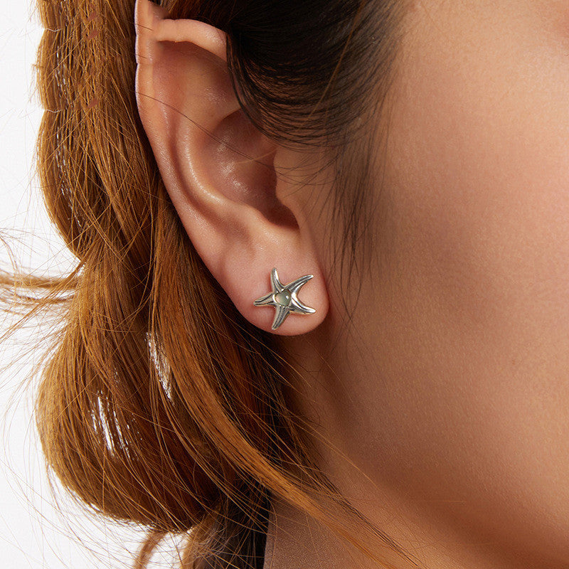 925 Sterling Silver Magic Stone Inlaid Starfish Stud Earrings