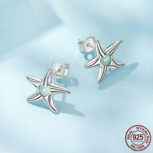 925 Sterling Silver Magic Stone Inlaid Starfish Stud Earrings
