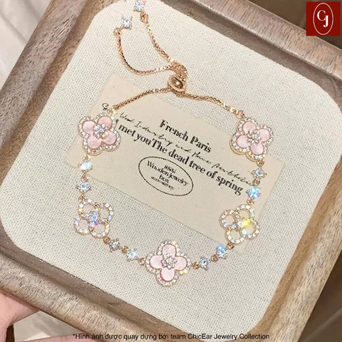 Four-Leaf Clover Crystal Bracelet – Pink Mother of Pearl, Rose Gold, Lucky Charm Jewelry